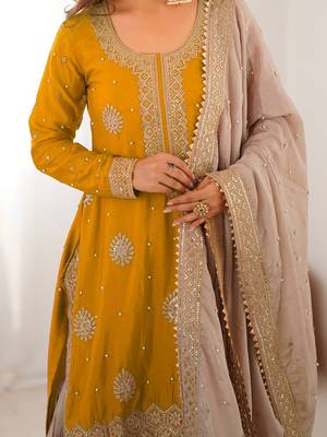 Yellow women chinon silk embroidered top sharara set with pearl work & dupatta 3