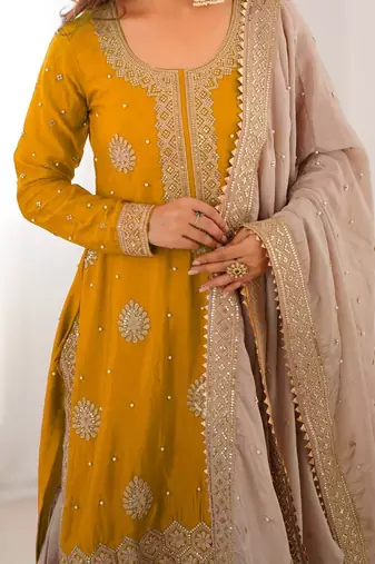 Yellow women chinon silk embroidered top sharara set with pearl work & dupatta