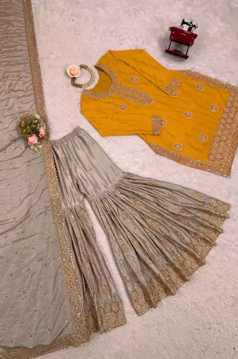 Yellow women chinon silk embroidered top sharara set with pearl work & dupatta