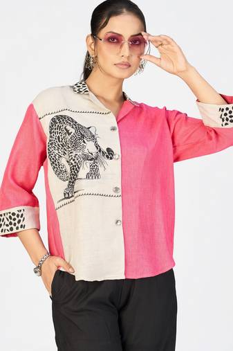 Women’s pink & cream cotton linen leopard embroidered shirt
