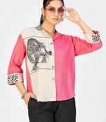 Women’s pink & cream cotton linen leopard embroidered shirt