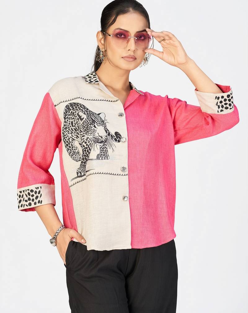 Women’s pink & cream cotton linen leopard embroidered shirt