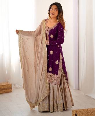 Winewomen chinon silk embroidered top sharara set with pearl work & dupatta 1