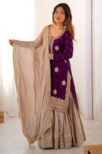 Wine  women chinon silk embroidered top sharara set with pearl work & dupatta