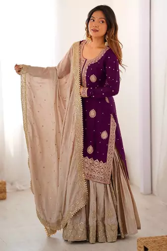Wine women chinon silk embroidered top sharara set with pearl work & dupatta