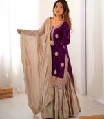 Wine  women chinon silk embroidered top sharara set with pearl work & dupatta