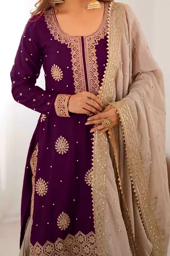 Winewomen chinon silk embroidered top sharara set with pearl work & dupatta