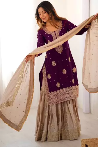 Winewomen chinon silk embroidered top sharara set with pearl work & dupatta