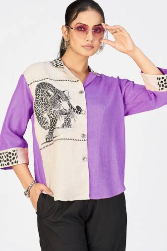 Women’s purple & cream cotton linen leopard embroidered shirt