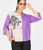 Women’s purple & cream cotton linen leopard embroidered shirt