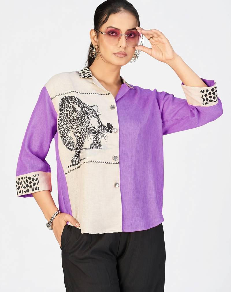 Women’s purple & cream cotton linen leopard embroidered shirt