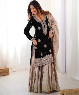 Black women chinon silk embroidered top sharara set with pearl work & dupatta 1
