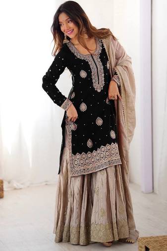 Black women chinon silk embroidered top sharara set with pearl work & dupatta