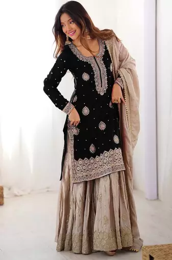 Black women chinon silk embroidered top sharara set with pearl work & dupatta