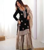 Black women chinon silk embroidered top sharara set with pearl work & dupatta