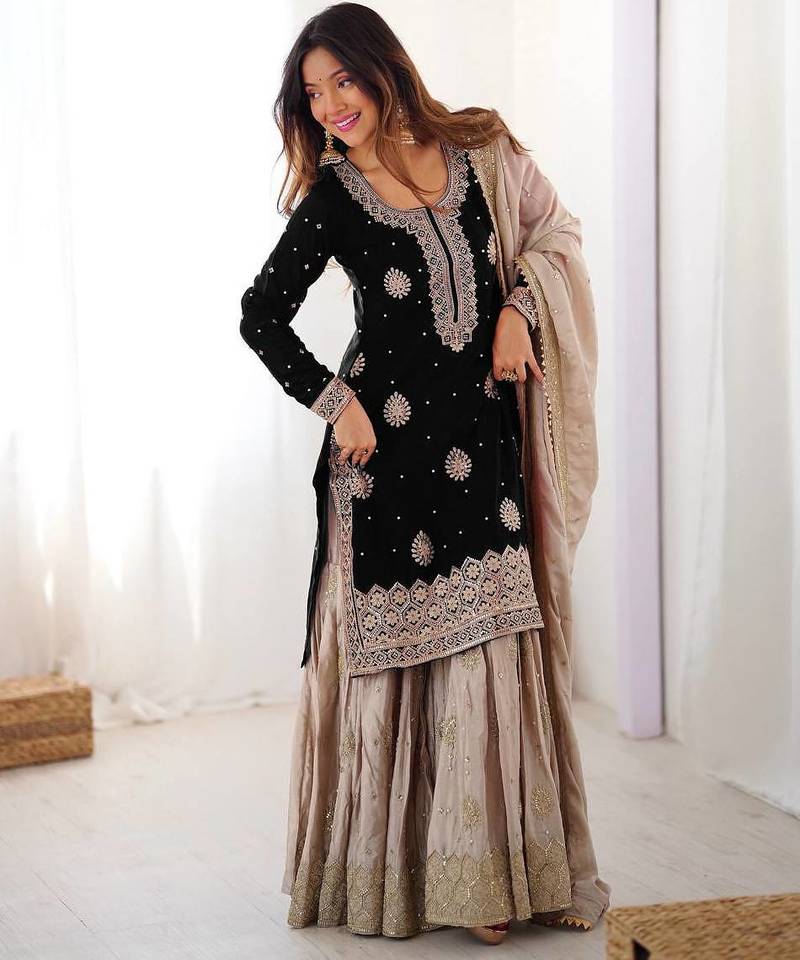 Black women chinon silk embroidered top sharara set with pearl work & dupatta