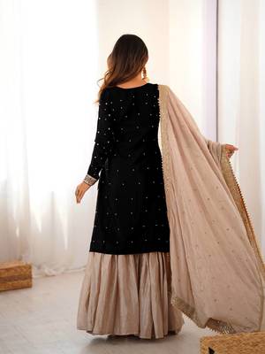 Black women chinon silk embroidered top sharara set with pearl work & dupatta 2