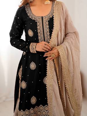 Black women chinon silk embroidered top sharara set with pearl work & dupatta 3