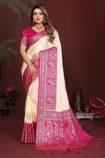 Cream color satin silk fabric woven jari designer graceful partywear saree