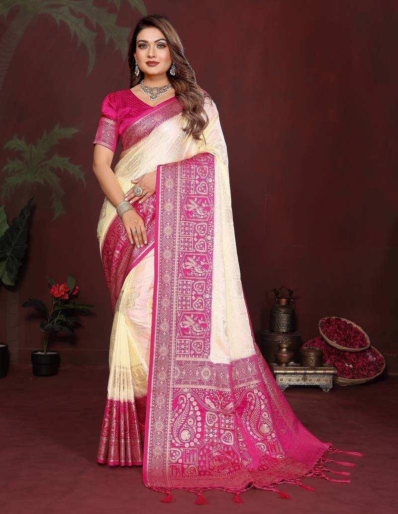 Cream color satin silk fabric woven jari designer graceful partywear saree