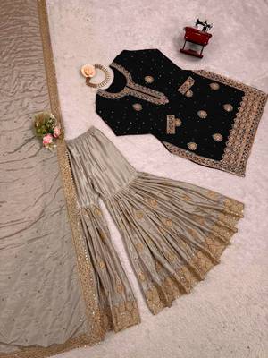 Black women chinon silk embroidered top sharara set with pearl work & dupatta 4