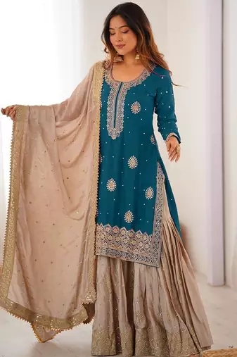 Teal blue women chinon silk embroidered top sharara set with pearl work & dupatta