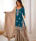 Teal blue women chinon silk embroidered top sharara set with pearl work & dupatta