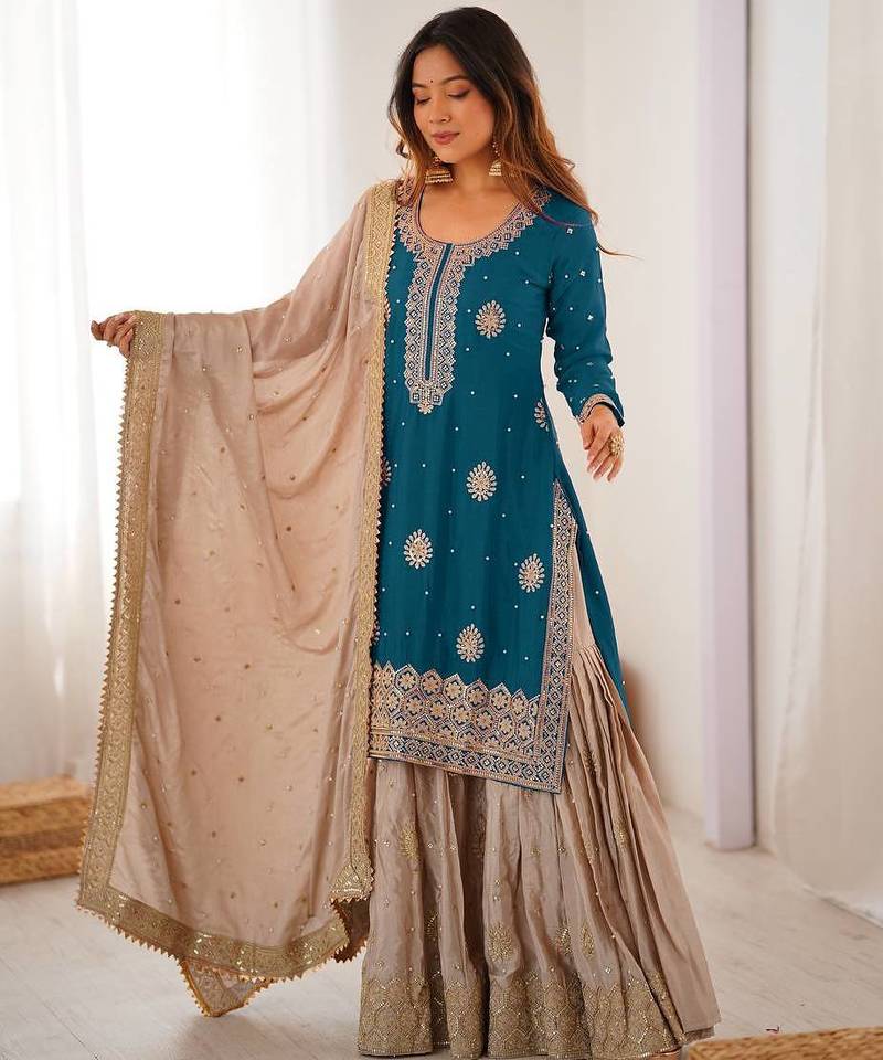 Teal blue women chinon silk embroidered top sharara set with pearl work & dupatta