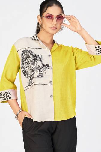 Women’s purple & cream cotton linen leopard embroidered shirt