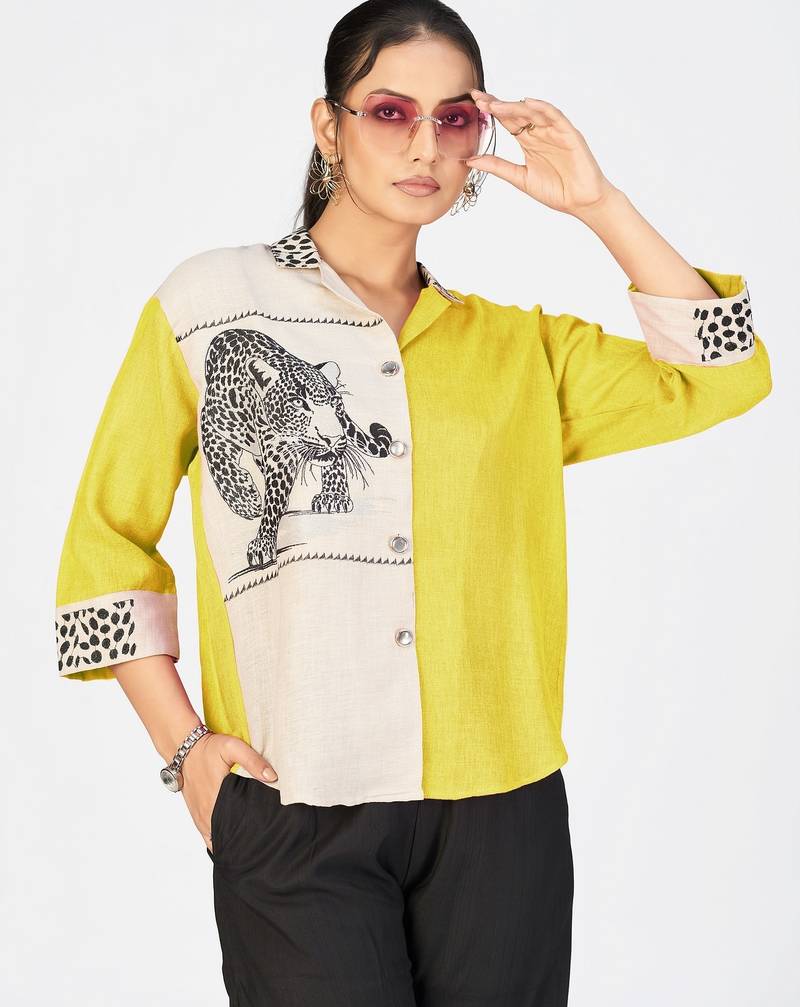 Women’s purple & cream cotton linen leopard embroidered shirt