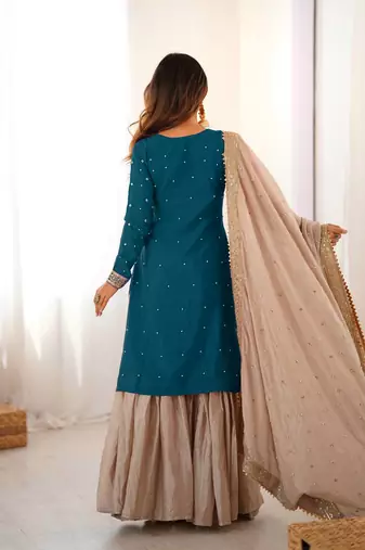 Teal blue women chinon silk embroidered top sharara set with pearl work & dupatta