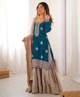 Teal blue women chinon silk embroidered top sharara set with pearl work & dupatta 3