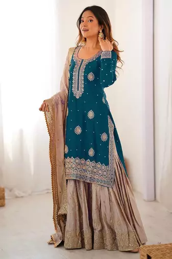 Teal blue women chinon silk embroidered top sharara set with pearl work & dupatta