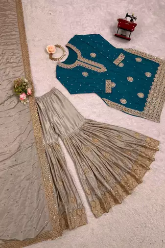 Teal blue women chinon silk embroidered top sharara set with pearl work & dupatta