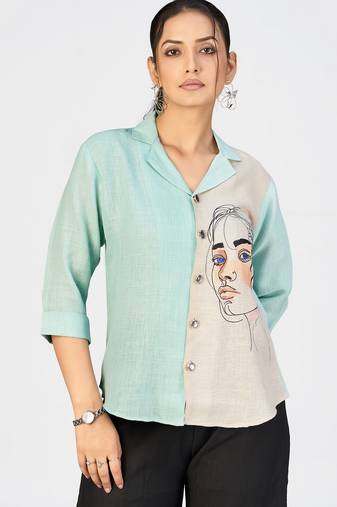 Women’s sea green & beige face sketch embroidered shirt