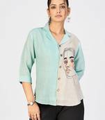 Women’s sea green & beige face sketch embroidered shirt