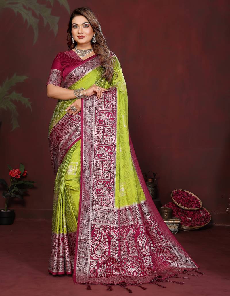 Mahendi color satin silk fabric woven jari designer graceful partywear saree