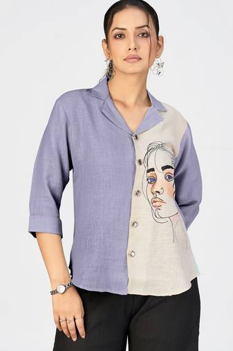 Women’s grey & beige face sketch embroidered shirt