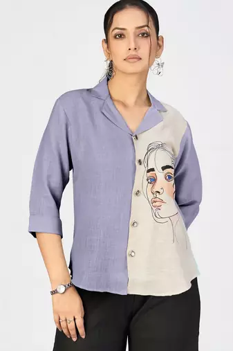 Women’s grey & beige face sketch embroidered shirt