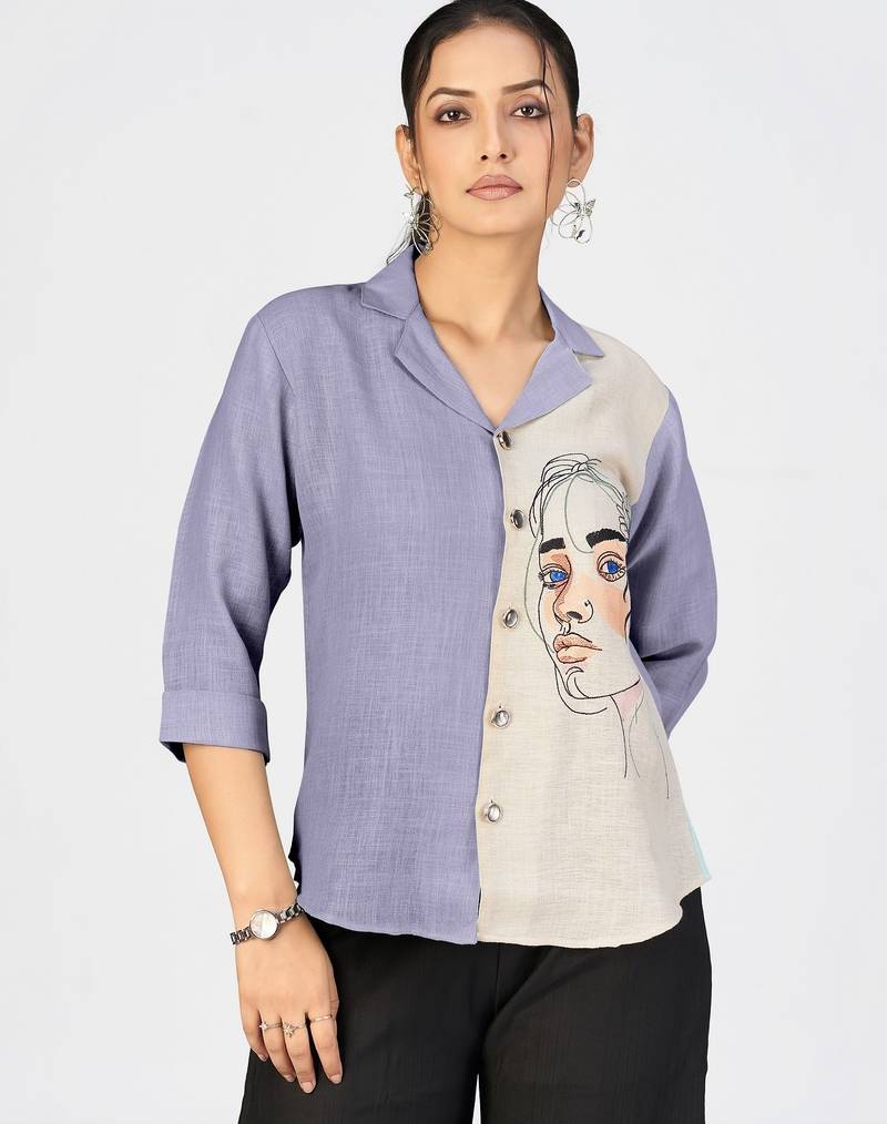 Women’s grey & beige face sketch embroidered shirt