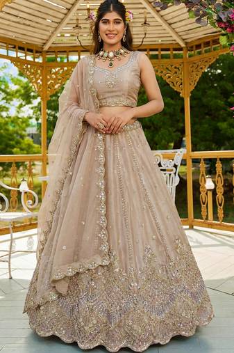 Impressive Beige Dori Work Satin Wedding Wear Lehenga Choli