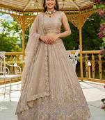 Impressive Beige Dori Work Satin Wedding Wear Lehenga Choli