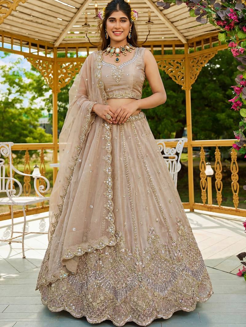 Impressive Beige Dori Work Satin Wedding Wear Lehenga Choli