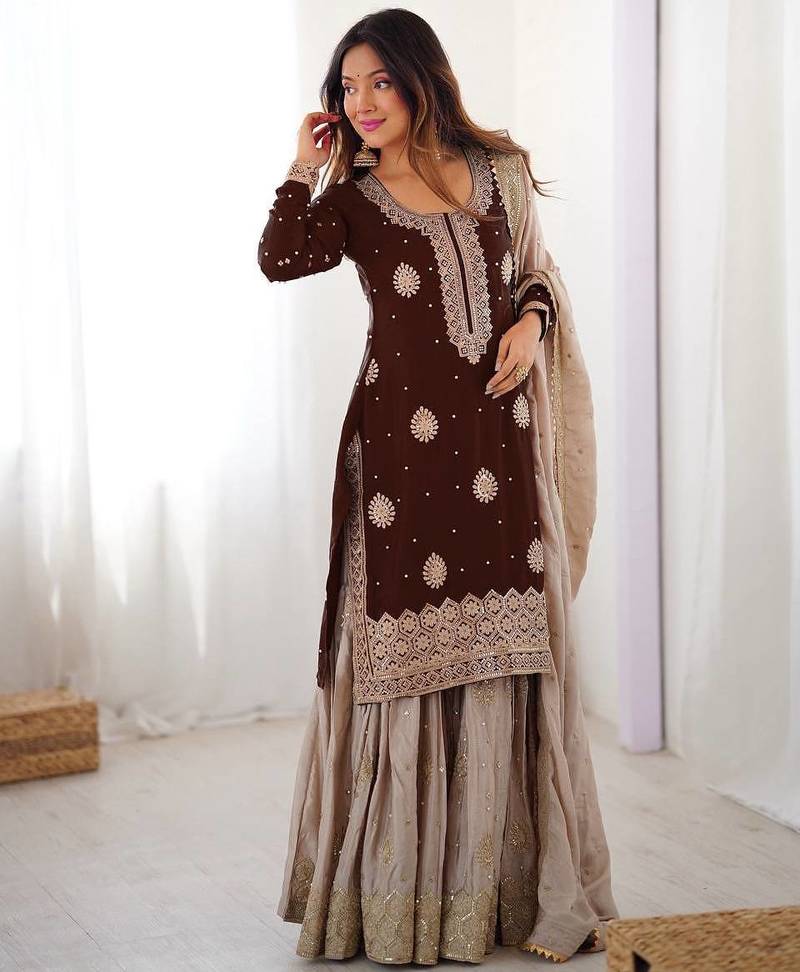 Brown women chinon silk embroidered top sharara set with pearl work & dupatta