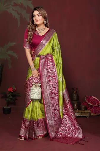 Mahendi satin silk blend woven zari graceful partywear saree