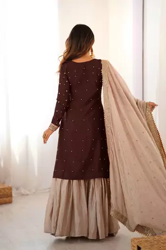 Brown women chinon silk embroidered top sharara set with pearl work & dupatta