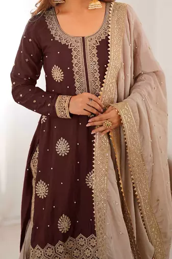 Brown women chinon silk embroidered top sharara set with pearl work & dupatta