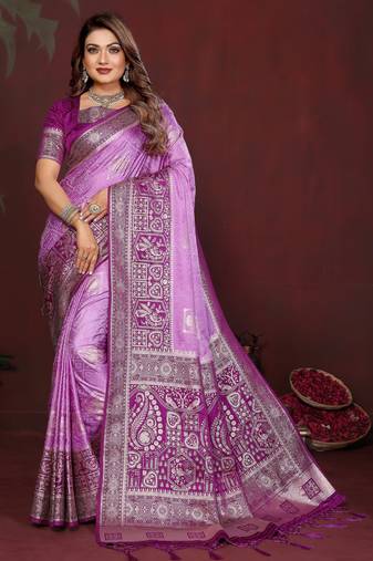 Lavender color satin silk fabric woven jari designer graceful partywear saree
