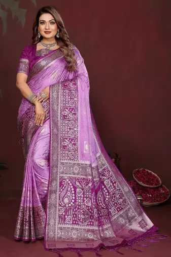 Lavender color satin silk fabric woven jari designer graceful partywear saree