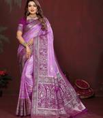 Lavender color satin silk fabric woven jari designer graceful partywear saree